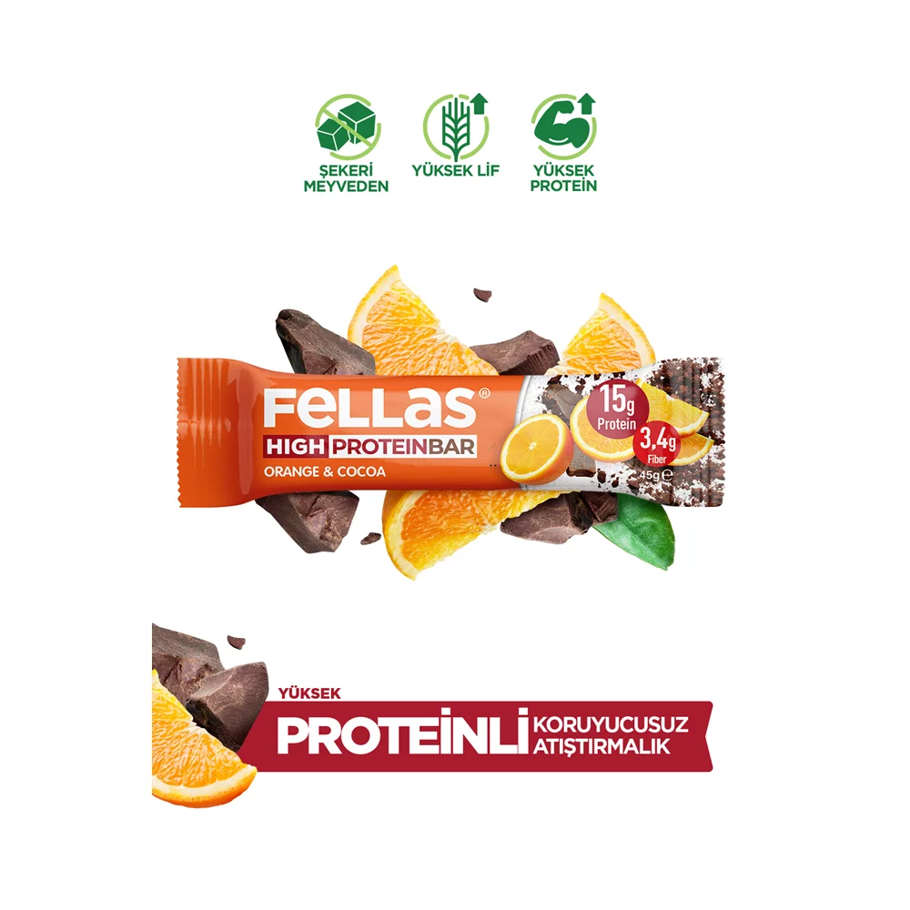 Yüksek Protein Bar - Portakal & Kakao (45 g) x 12 Adet