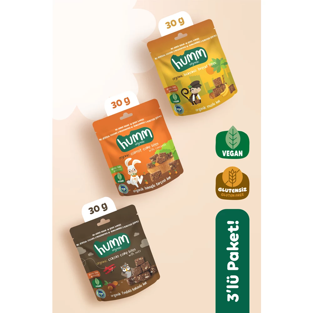 Organik Glutensiz Vegan Kek Atıştırmalık Paketi - 3 Adet (3 ÇEŞİT)